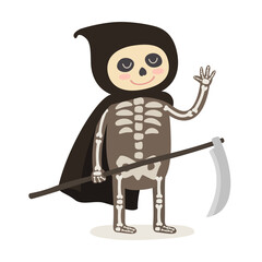 Cute Cartoon Grim Reaper Waving. Halloween Cartoon Character. Vector illustration.