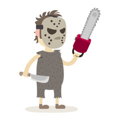 Funny Cartoon Killer with Mask, Chainsaw, and Knife. Halloween Cartoon Character. Vector illustration.