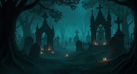 Eerie haunted cemetery at night with glowing candles and ancient tombs