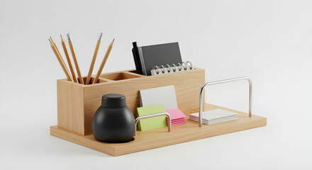 Wooden Desk Organizer with Stationery &ndash; Kotak Organizer Meja Kayu dengan Alat Tulis