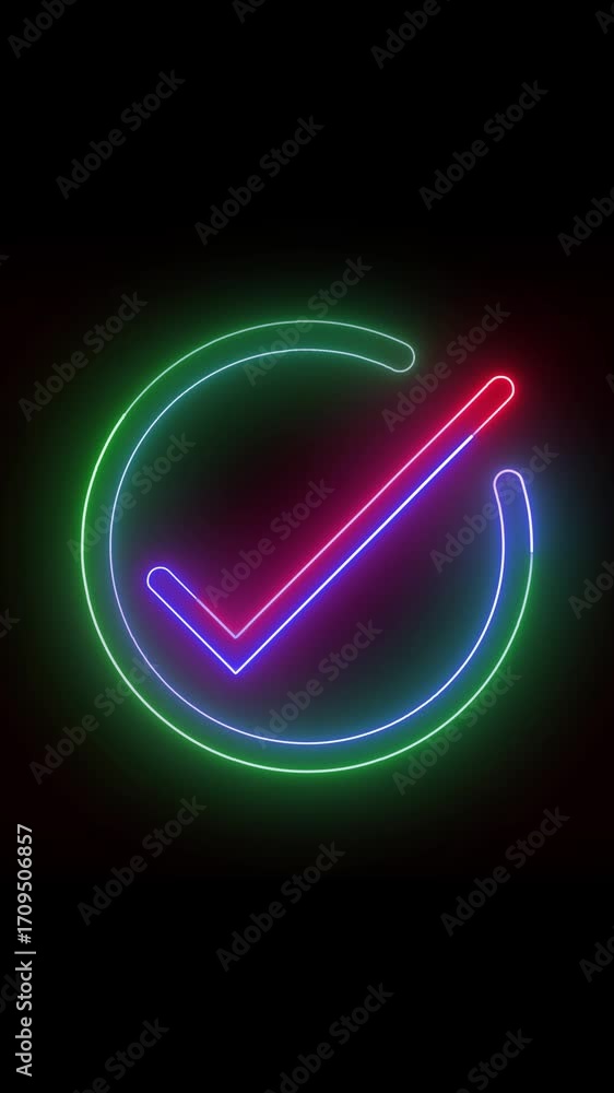 Poster bright neon checkmark success approval animation vertical video. animated neon checkmark colorful ci