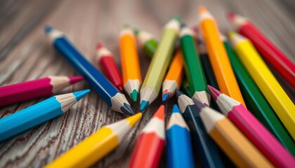 Fototapeta premium Close-up vibrant colored pencils scattered on textured wood background, creative, design
