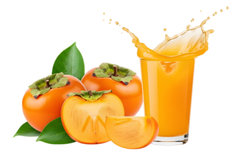 Fresh persimmon fruit and juice splash against a black backdrop, showcasing vibrant orange tones and a healthy beverage.