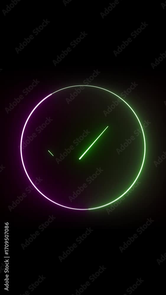Poster purple glowing clock time passing animation vertical video. neon clock animation modern design seaml