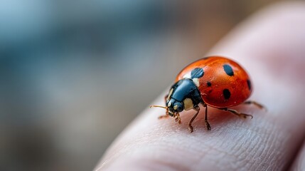 Fototapeta premium A ro shot of a red and black spotted ladybug resting on a human finger showcasing intricate details