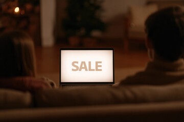 Cozy couple watching sale announcement on laptop, embodying fest