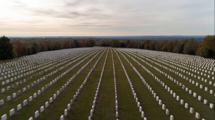 Vast cemetery landscape showcases rows of white gravestones unde