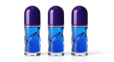 Three blue rollon deodorant bottles with purple caps isolated on white background