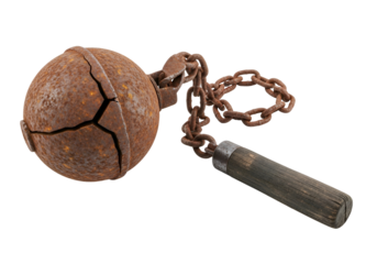 Rusty, cracked metal ball attached to a weathered wooden staff by a chain.