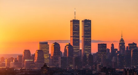 Stunning New York City skyline at sunset with iconic Twin Towers bathed in golden light