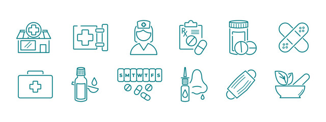 Pharmacy, medicine, drags line icon set. instruments and products associated with healthcare and wellbeing. Vector editable stroke signs.