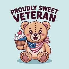Proudly sweet veteran bear vector illustration, patriotic candy cartoon design, cheerful independence holiday art, festive celebration graphics, liberty themed elements