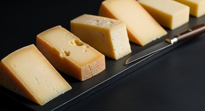 Assortment of Cheeses on a Dark Tray.