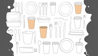 Various disposable food service items, outlined in simple line art