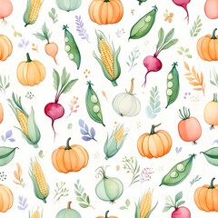 Fototapeta premium Watercolor Vegetables Seamless Pattern of Pumpkins Corn Peas Radishes and Onions for Harvest Season and Farm Fresh Food