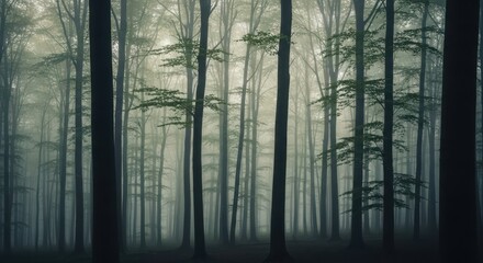Misty forest with tall trees and green leaves, creating an atmospheric scene