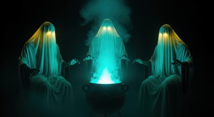 Three spooky ghosts gathered around a glowing cauldron with mystical energy
