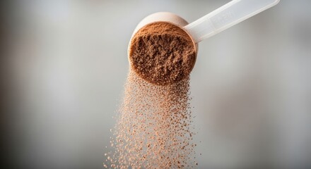 Closeup of a scoop of chocolate protein powder falling into a fine dust, representing fitness and nutrition