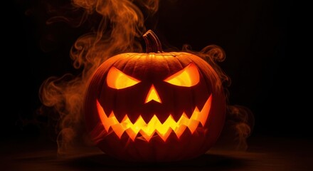 Scary carved pumpkin jackolantern with glowing eyes and mouth emitting smoke