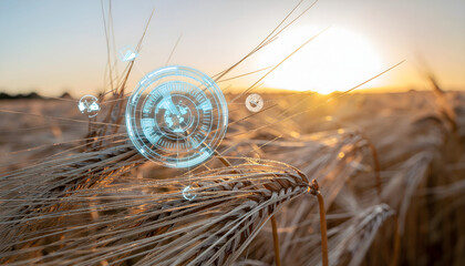 Wheat Field with Agricultural Technology Overlay at Golden Hour