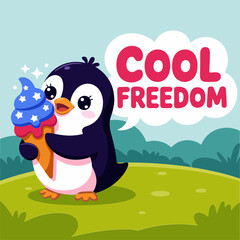 Patriotic penguin with lollipop vector illustration, cool freedom design, cheerful independence holiday art, festive celebration graphics, liberty themed elements