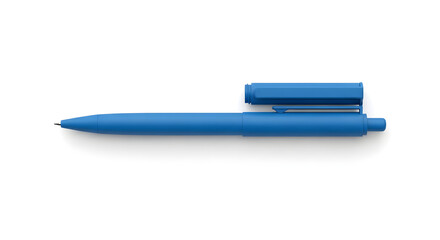 A sleek blue ballpoint pen with its cap removed, showcased against a plain white background