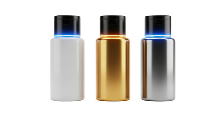 Three illuminated bottles isolated on transparent background