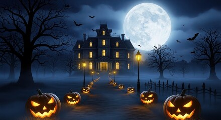 Spooky haunted mansion on a hill with a full moon and jackolanterns on halloween night