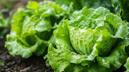 Freshness unleashed: Vibrant green lettuce heads glistening with dew in fertile soil