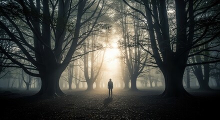 Silhouette of a person standing in a foggy forest with sunbeams breaking through the trees
