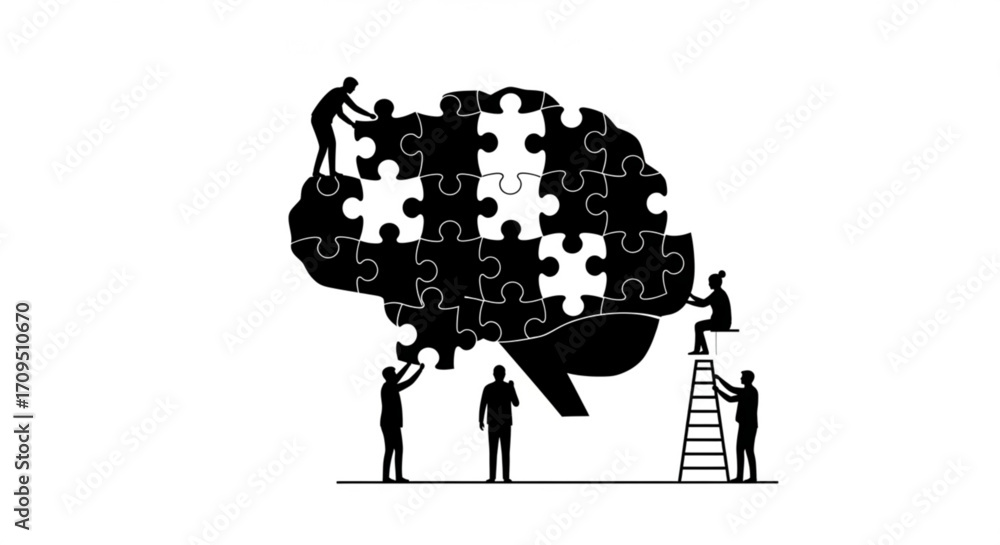 Poster people assembling a brain puzzle with teamwork and collaboration on a white background illustration 