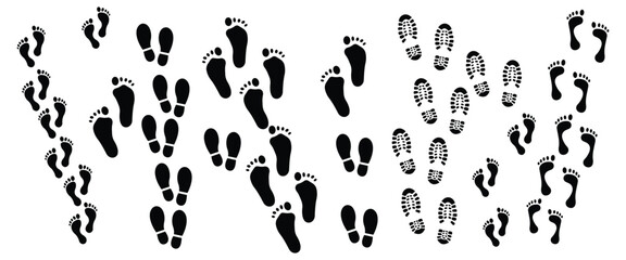 Human Footprints Trail Vector Set – Barefoot, Shoe Tread, Footstep Icons and Silhouette Collection