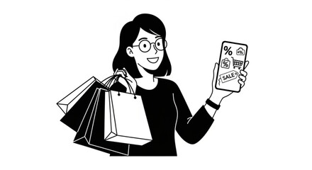 Woman holding shopping bags and smartphone showing online sales and discounts offers promotion app created with generated ai