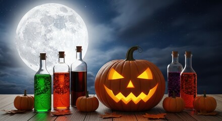Halloween pumpkin with glowing eyes and mouth, surrounded by potion bottles under a full moon