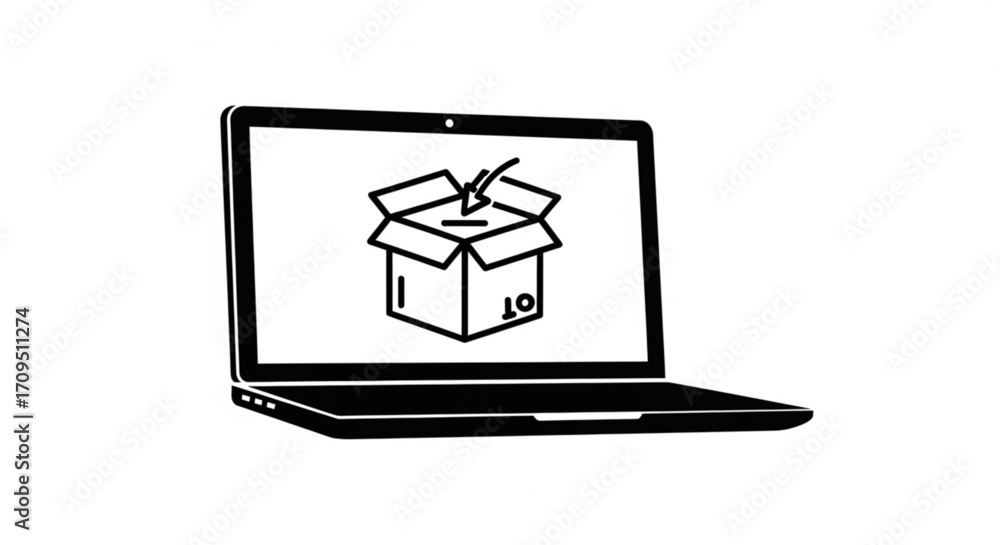Poster laptop displaying an open box with an arrow pointing down into it on the screen in black and white s
