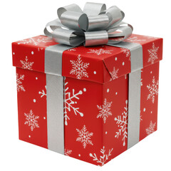 Red christmas gift box with silver ribbon and bow on transparent background