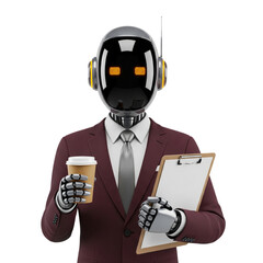 Futuristic automaton in business attire holding a clipboard and enjoying a warm drink