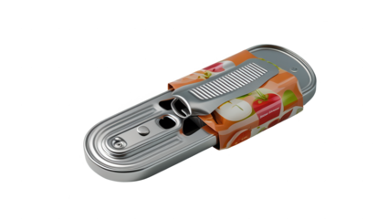 A metallic food container, oval-shaped, with a ribbed design and an orange wrapping featuring a print of red and green apples, is presented against a black background.