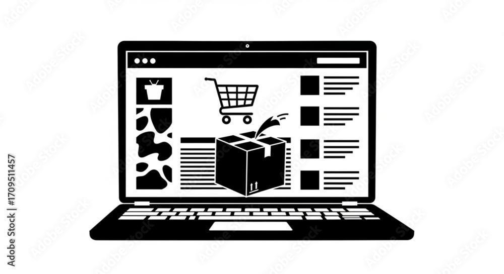 Poster laptop displaying online shopping interface with cart and package delivery icon in black and white s