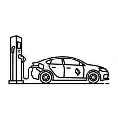 Electric car charging at a station with a charging cable plugged into the vehicle in a black outline style created with generated ai
