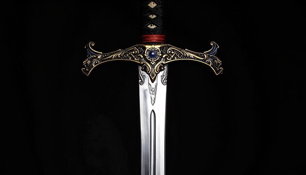 Ornate Sword with Decorative Gold Hilt and Polished Blade against Dark Background for Fantasy or Historical Theme Photography