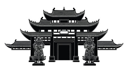 Fototapeta premium Ancient Asian Architecture Gate and Guardian Statues