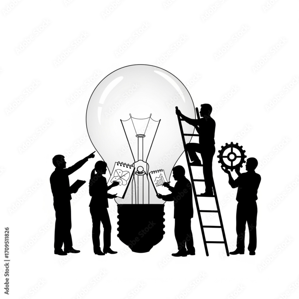 Poster silhouetted team collaborates around a large lightbulb with ladder and gear, creating new ideas and 