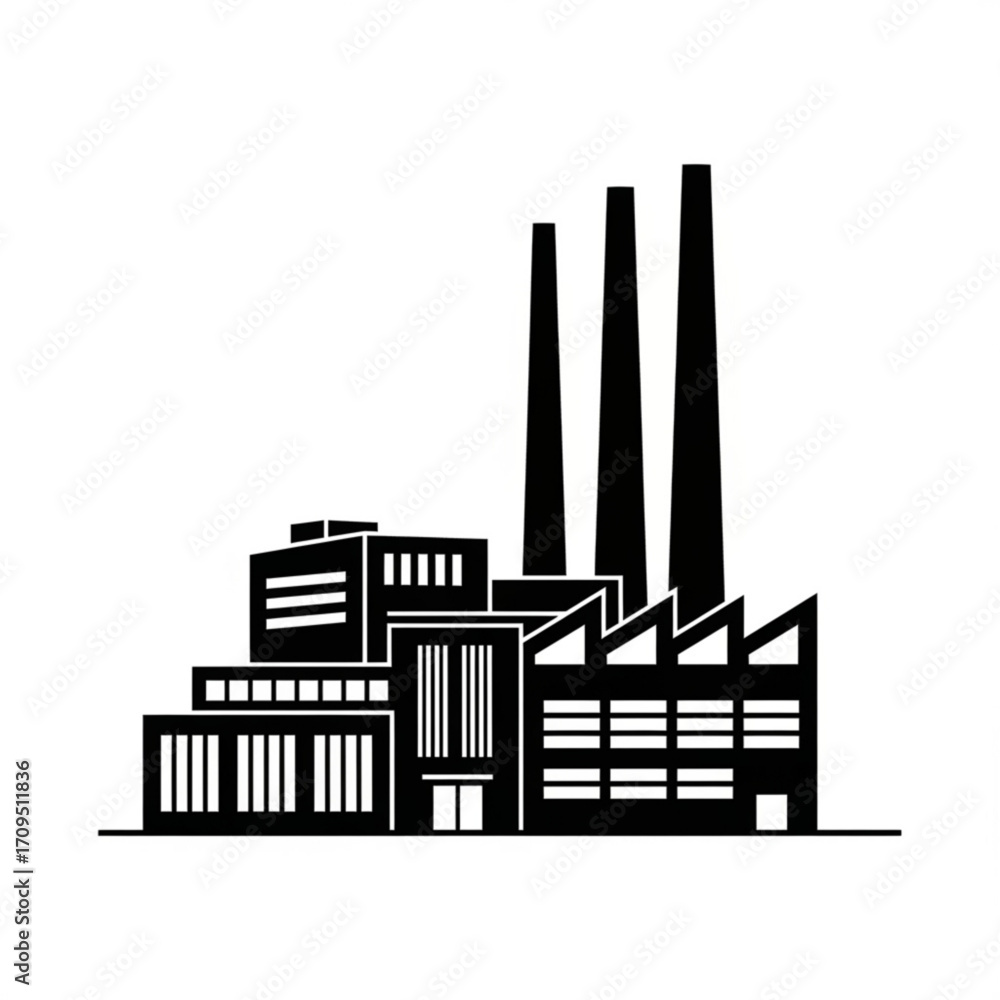 Poster illustration of a factory with three tall smokestacks and various buildings in a black and white col