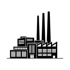 Illustration of a factory with three tall smokestacks and various buildings in a black and white color scheme created with generated ai