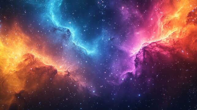 A colorful nebula with stars and clouds of gas in space with shades of blue orange and purple hues - Powered by Adobe