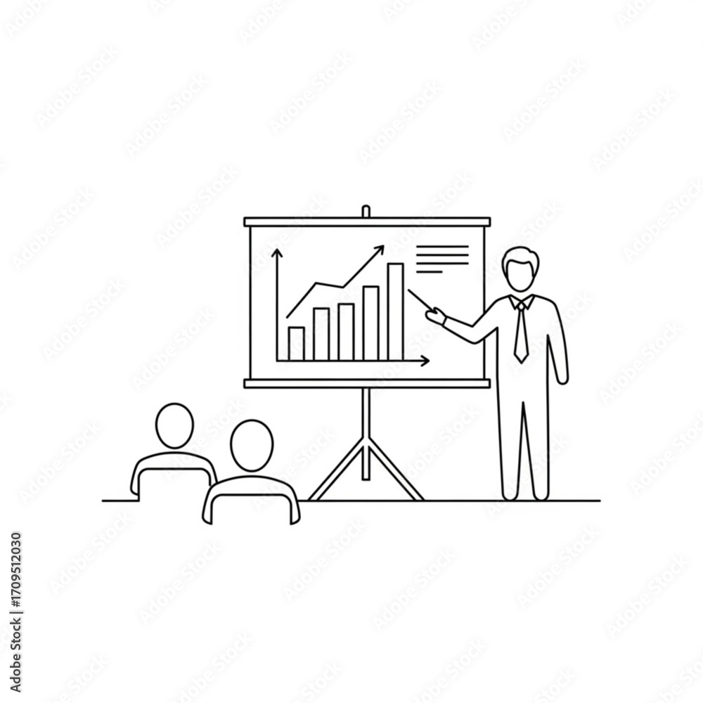 Poster a man presenting a graph on a whiteboard to an audience, with upward trending data shown clearly her