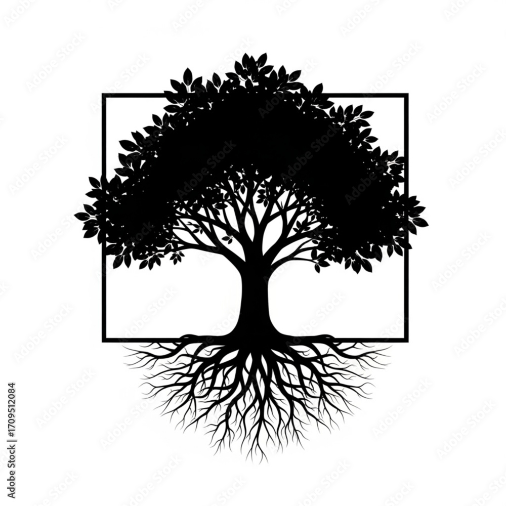 Poster silhouette of a tree with leaves and roots inside a square frame on a white isolated background desi