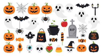 A collection of pixel art halloween icons featuring pumpkins ghosts bats and spooky decorations.