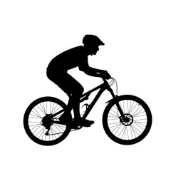 Naklejka premium Silhouette of a cyclist riding a mountain bike with helmet on a white background in a side view image created with generated ai